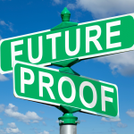 Image: Street sign 'Future' and 'Proof' against cloudy sky background.