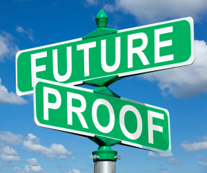 Image: Street sign 'Future' and 'Proof' against cloudy sky background.